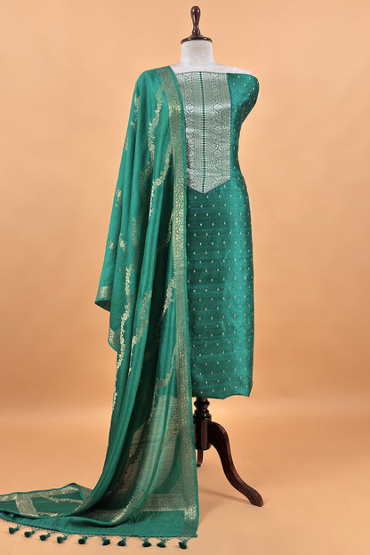 Sea Green Pure Raw Silk Suit With Silk Floral Dupatta