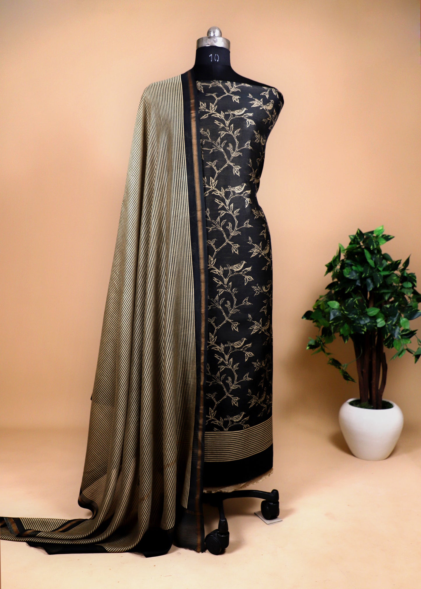 Black Block Print Maheswari Silk Suit With Red Dupatta