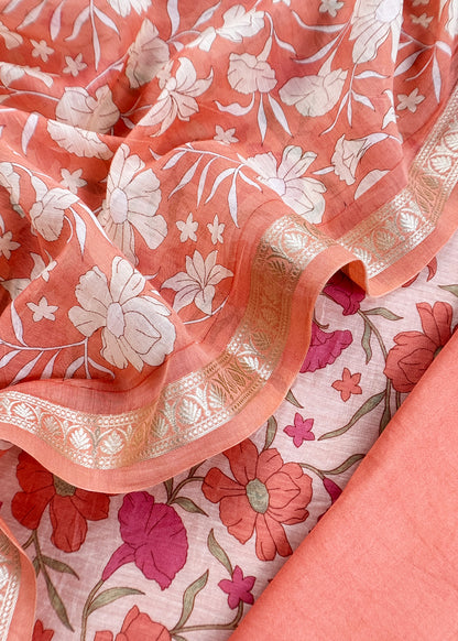 Orange Pure Mul Cotton Unstitched Suit With Dupatta