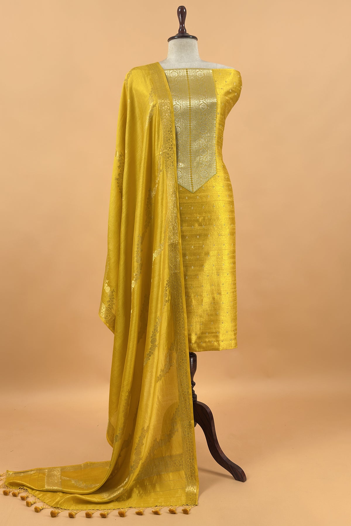 Lime Yellow Pure Raw Silk Suit With Silk Floral Dupatta