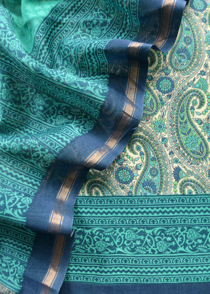 Turquoise And Blue Paisley Block Print Pure Maheshwari Silk Unstitched Suit