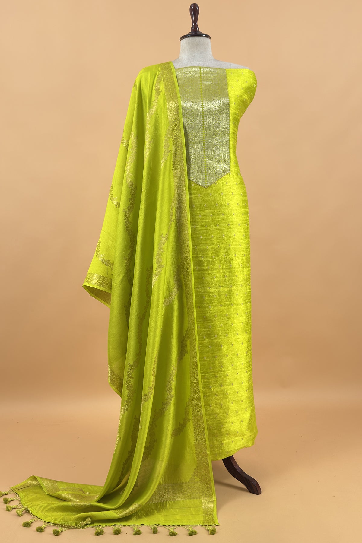 Lime Green Pure Raw Silk Suit With Silk Floral Dupatta
