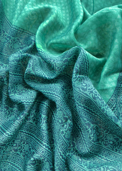 Turquoise And Blue Paisley Block Print Pure Maheshwari Silk Unstitched Suit