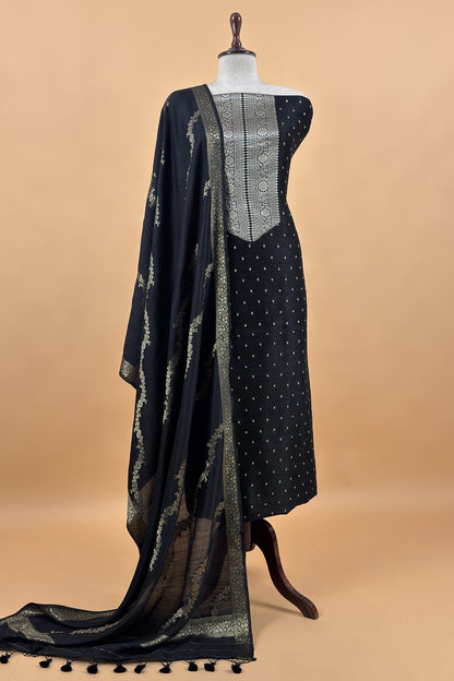 Black Pure Raw Silk Suit With Silk Floral Dupatta
