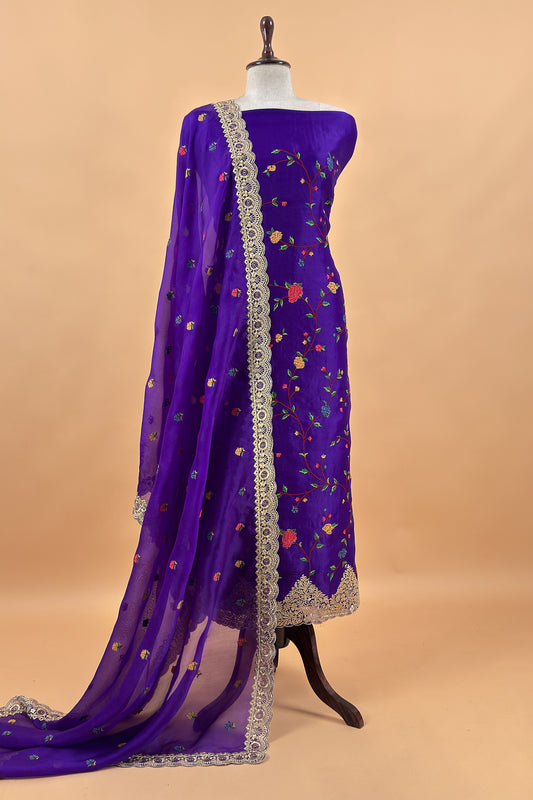 Purple Pure Kora Silk Suit With Cross Stitched Embroidery