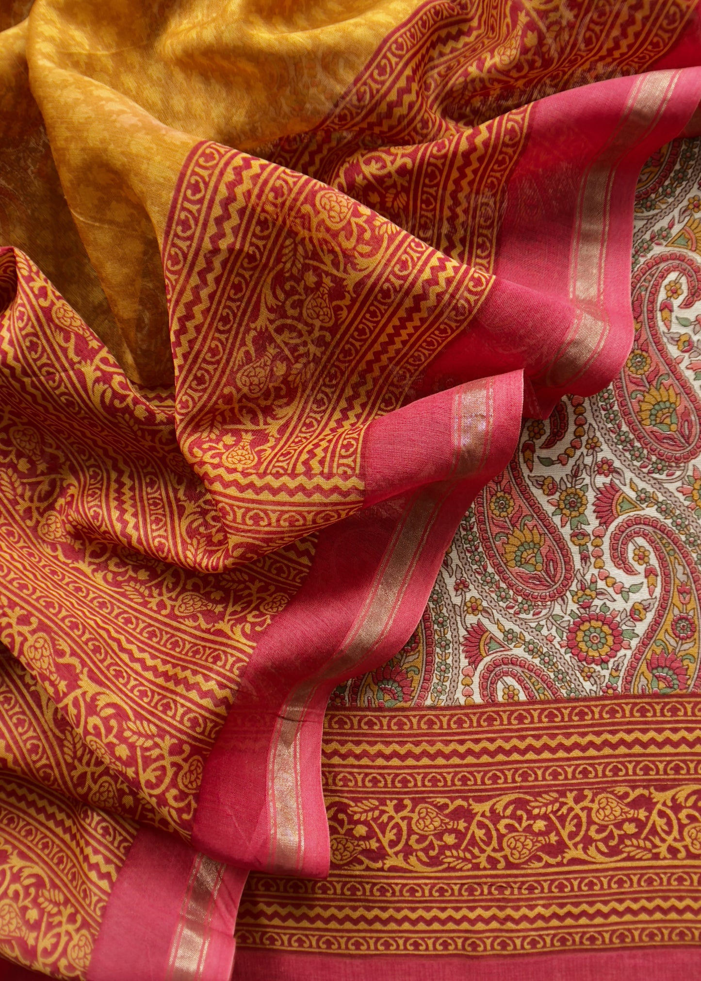 Yellow and Red Paisley Block Print Pure Maheshwari Silk Unstitched Suit