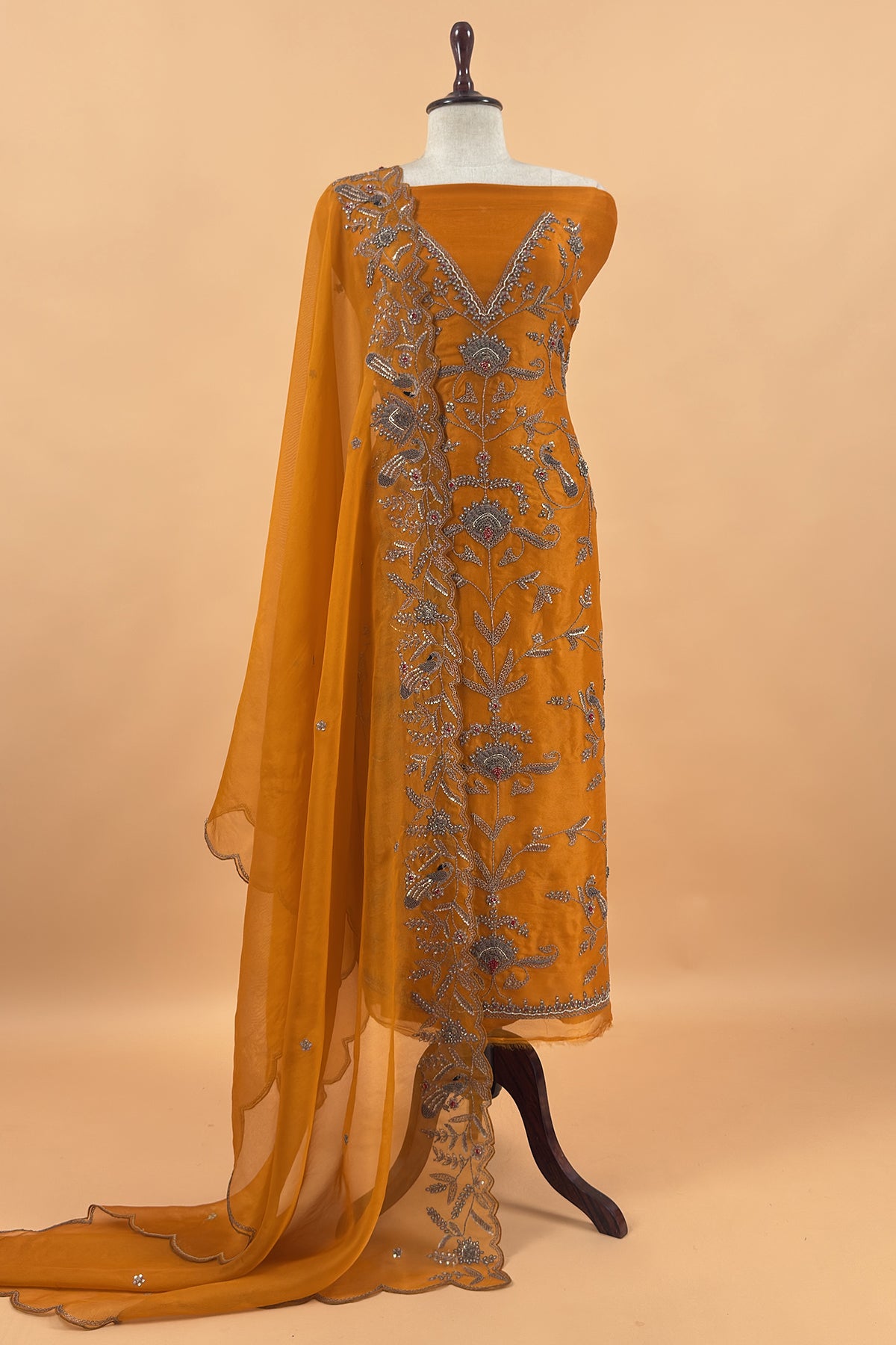 Orange Handloom Kora Silk Suit With Hand Embroidery