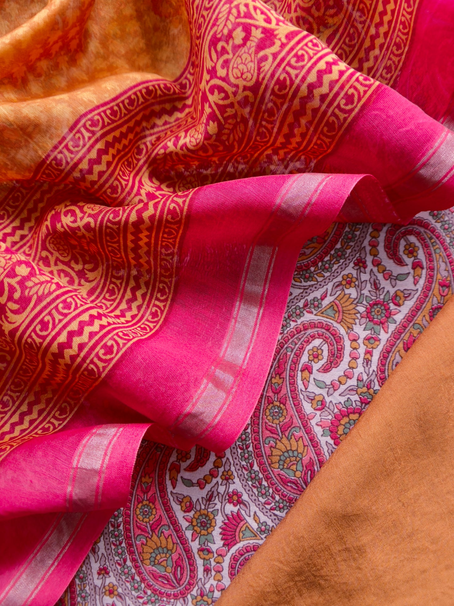 Yellow and Red Paisley Block Print Pure Maheshwari Silk Unstitched Suit