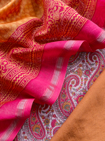 Yellow and Red Paisley Block Print Pure Maheshwari Silk Unstitched Suit