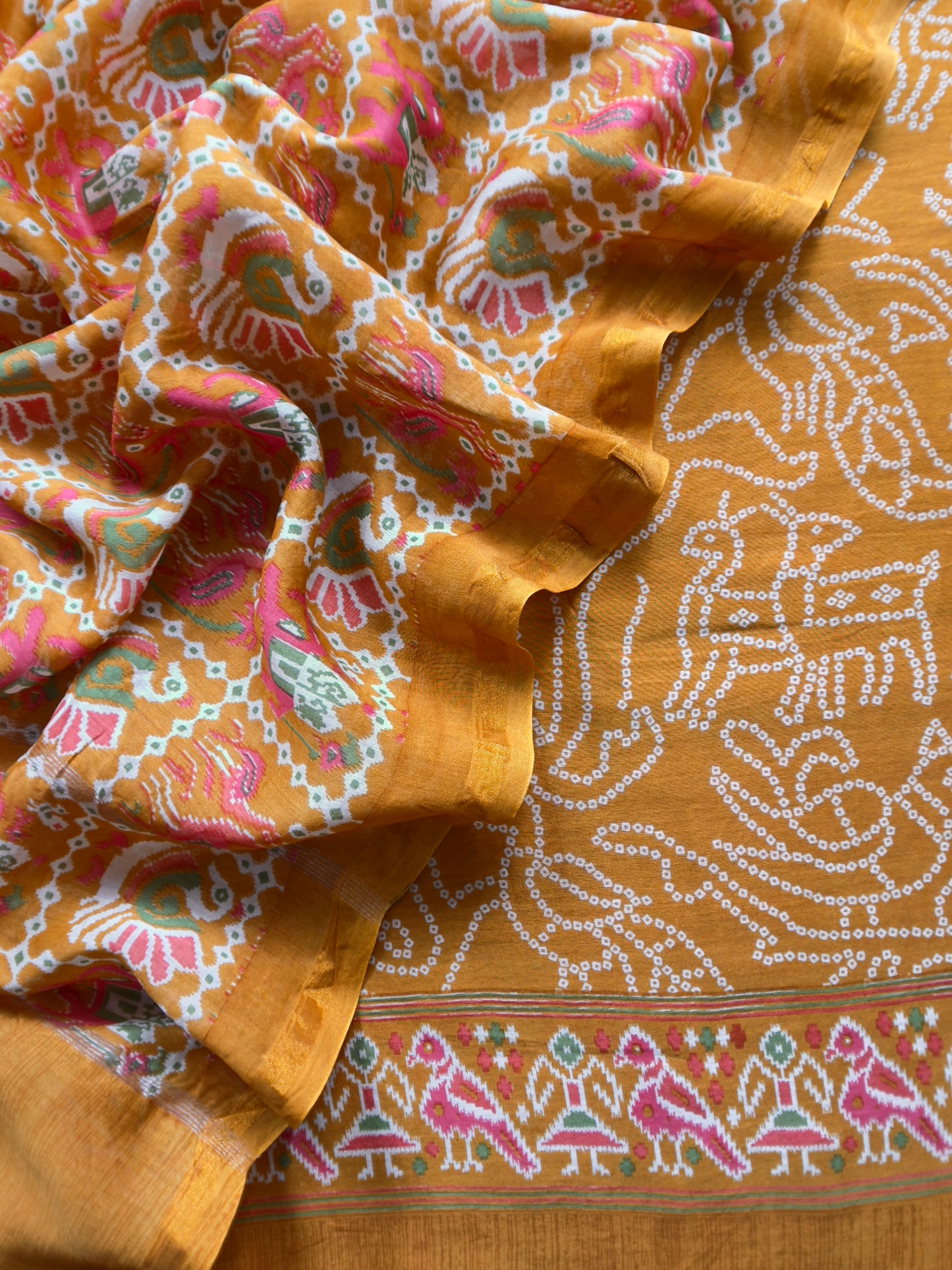 Camel Yellow Maheshwari Silk Unstitched Suit With Bandhani And Patola Print