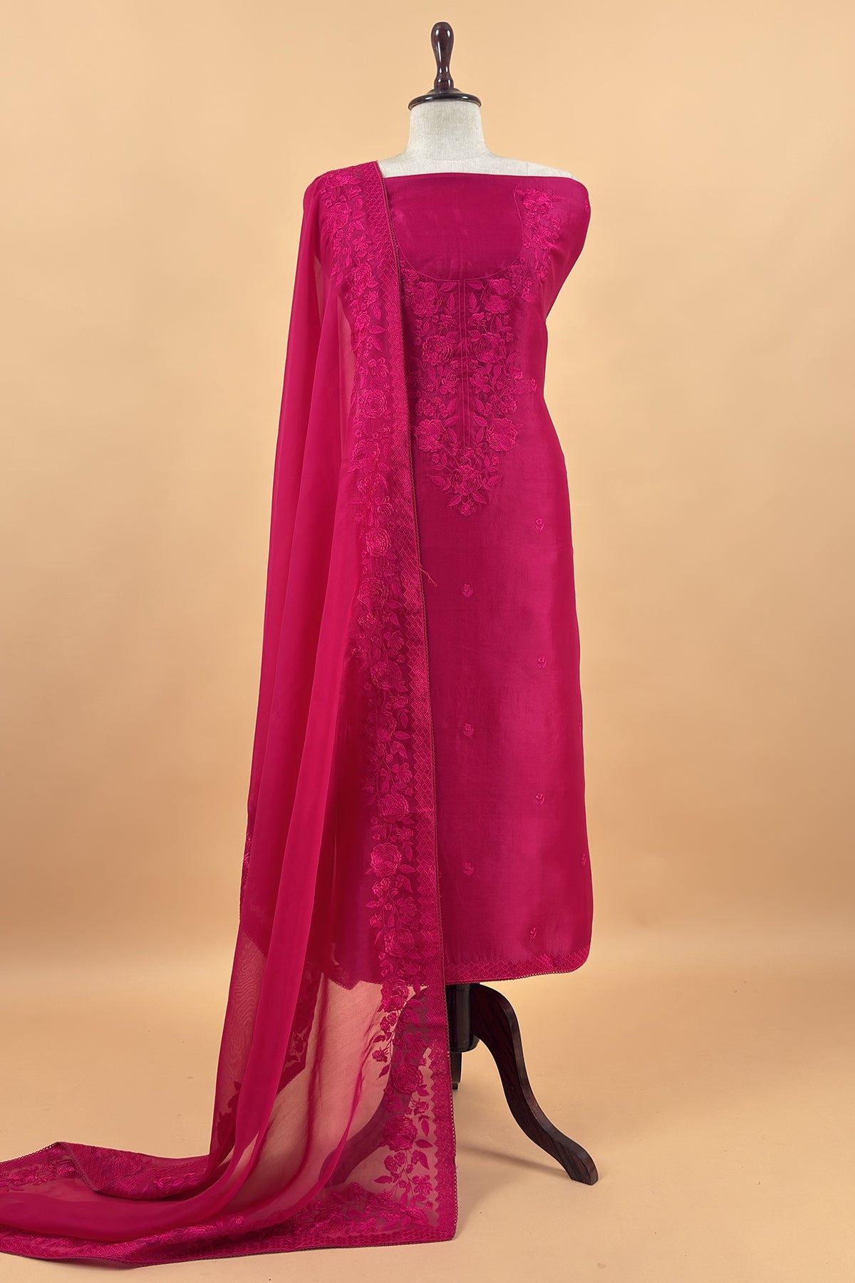 Rani Pink Pure Kora Silk Unstitched Suit Fabric With Parsi Embroidery