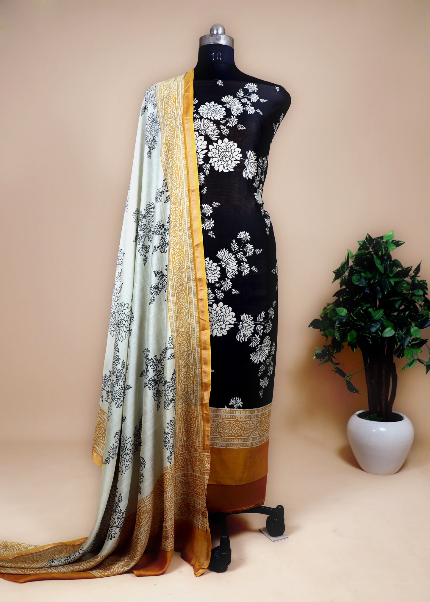 Yellow Floral Block Print Maheshwari Silk Unstitched Suit