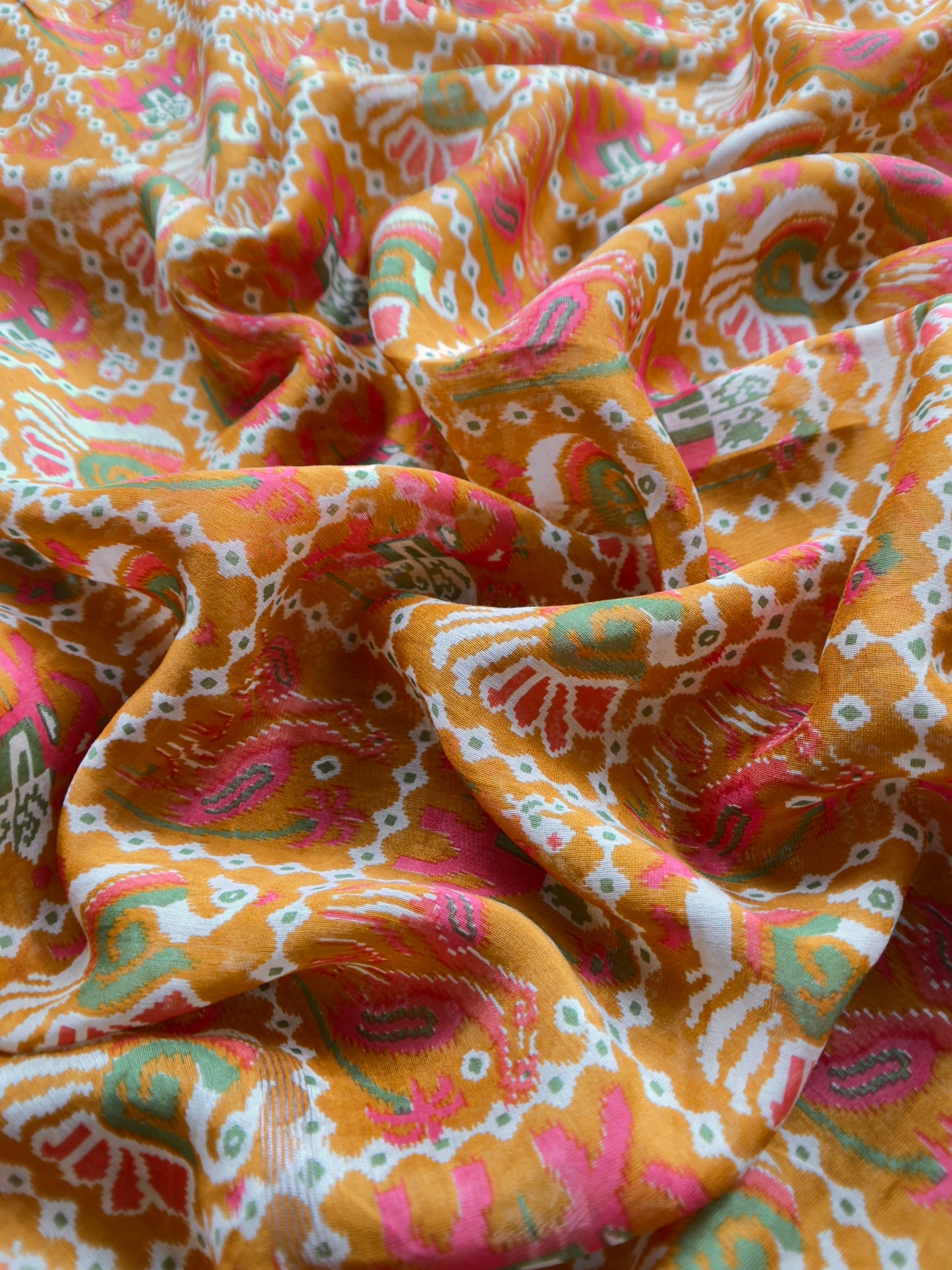 Camel Yellow Maheshwari Silk Unstitched Suit With Bandhani And Patola Print