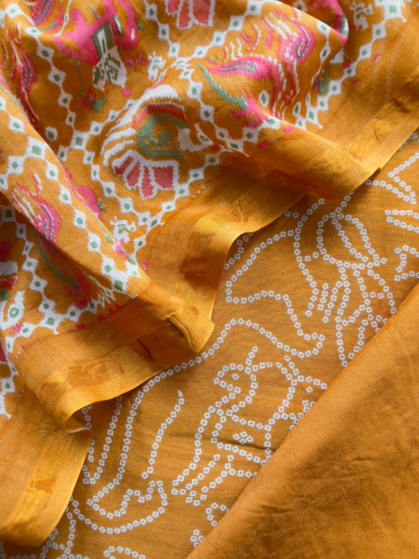 Camel Yellow Maheshwari Silk Unstitched Suit With Bandhani And Patola Print