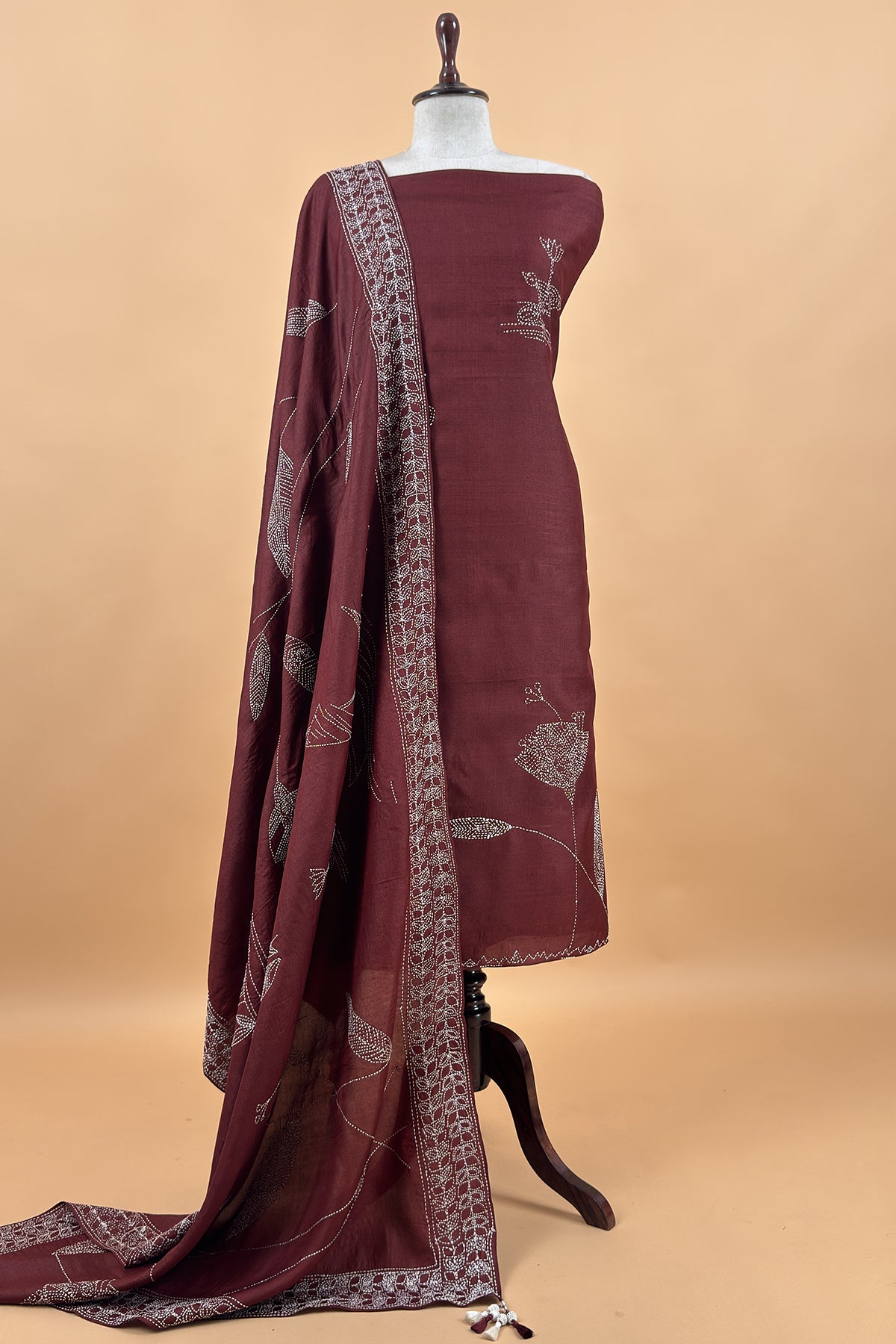 Chocolate Brown Pure Tussar Silk Suit With Kantha Embroidery