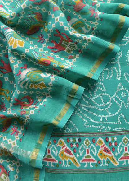 Turquoise Maheshwari Silk Unstitched Suit With Bandhani And Patola Print