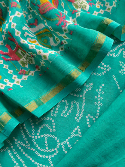 Turquoise Maheshwari Silk Unstitched Suit With Bandhani And Patola Print