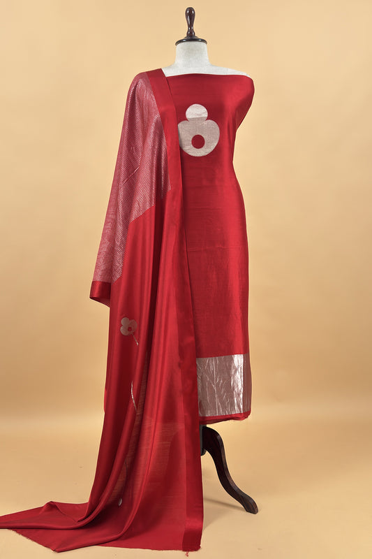 Red Handloom Silk Suit With Kadwa Weaving