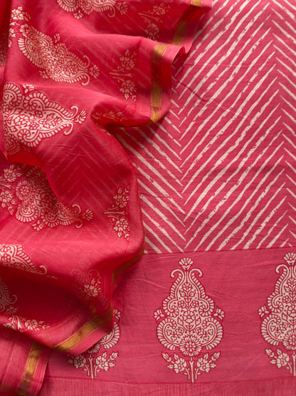 Reddish Pink Maheshwari Silk Unstitched Suit With Leheriya And Block Print