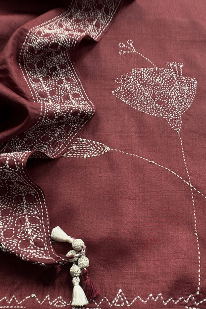 Chocolate Brown Pure Tussar Silk Suit With Kantha Embroidery
