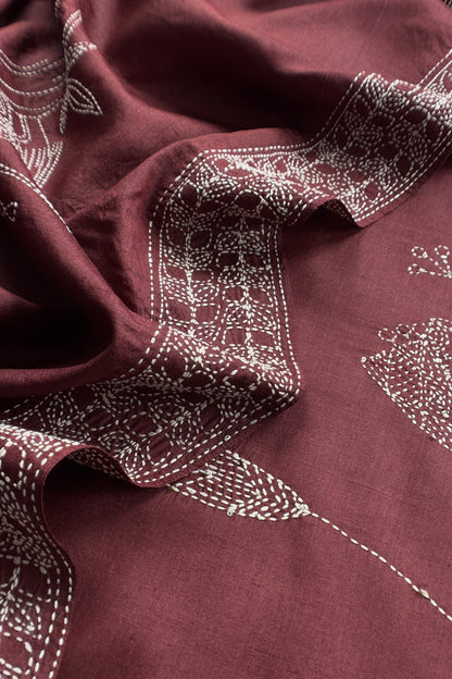 Chocolate Brown Pure Tussar Silk Suit With Kantha Embroidery