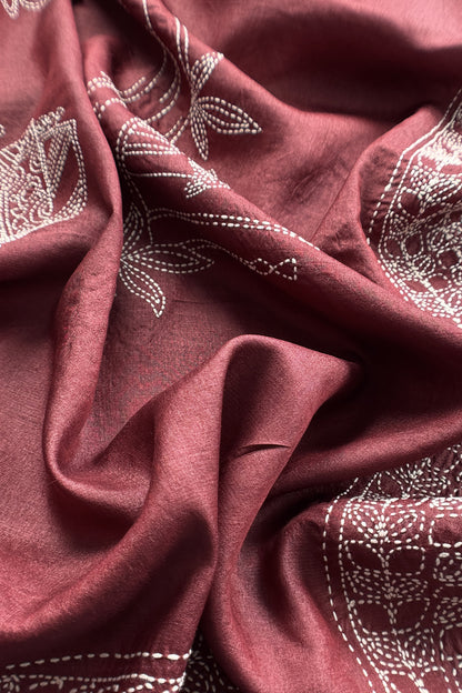 Chocolate Brown Pure Tussar Silk Suit With Kantha Embroidery