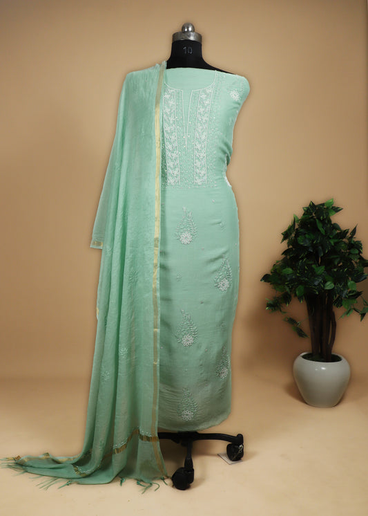 Light Green Lakhnavi Mul Chanderi Suit With Dupatta