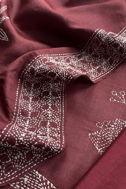 Chocolate Brown Pure Tussar Silk Suit With Kantha Embroidery