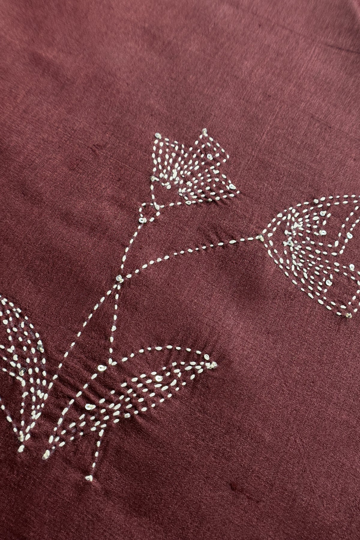 Chocolate Brown Pure Tussar Silk Suit With Kantha Embroidery