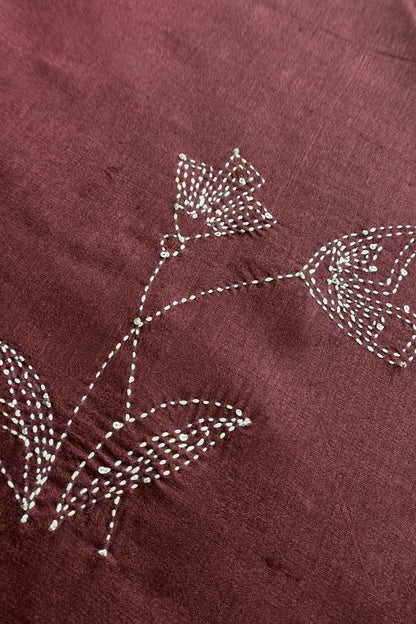 Chocolate Brown Pure Tussar Silk Suit With Kantha Embroidery