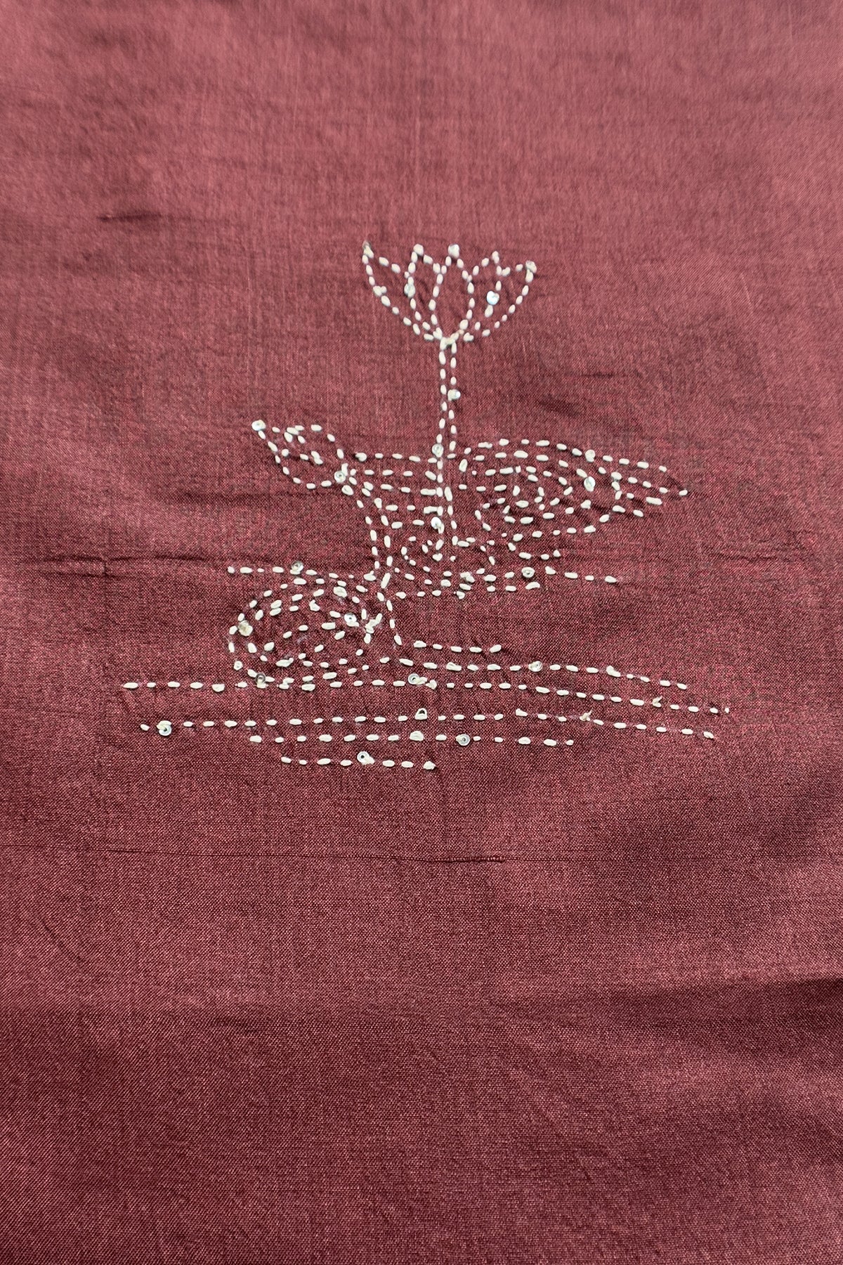 Chocolate Brown Pure Tussar Silk Suit With Kantha Embroidery