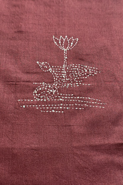 Chocolate Brown Pure Tussar Silk Suit With Kantha Embroidery