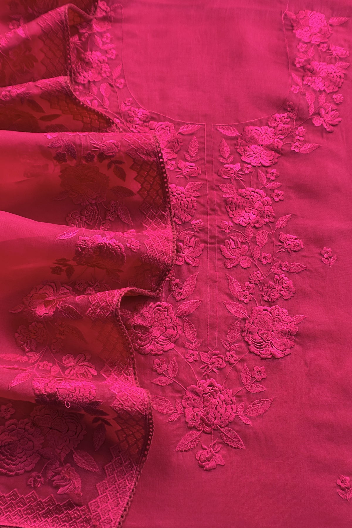 Rani Pink Pure Kora Silk Unstitched Suit Fabric With Parsi Embroidery