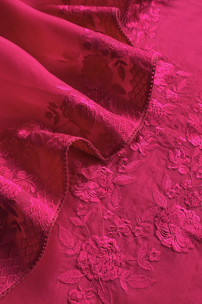 Rani Pink Pure Kora Silk Unstitched Suit Fabric With Parsi Embroidery