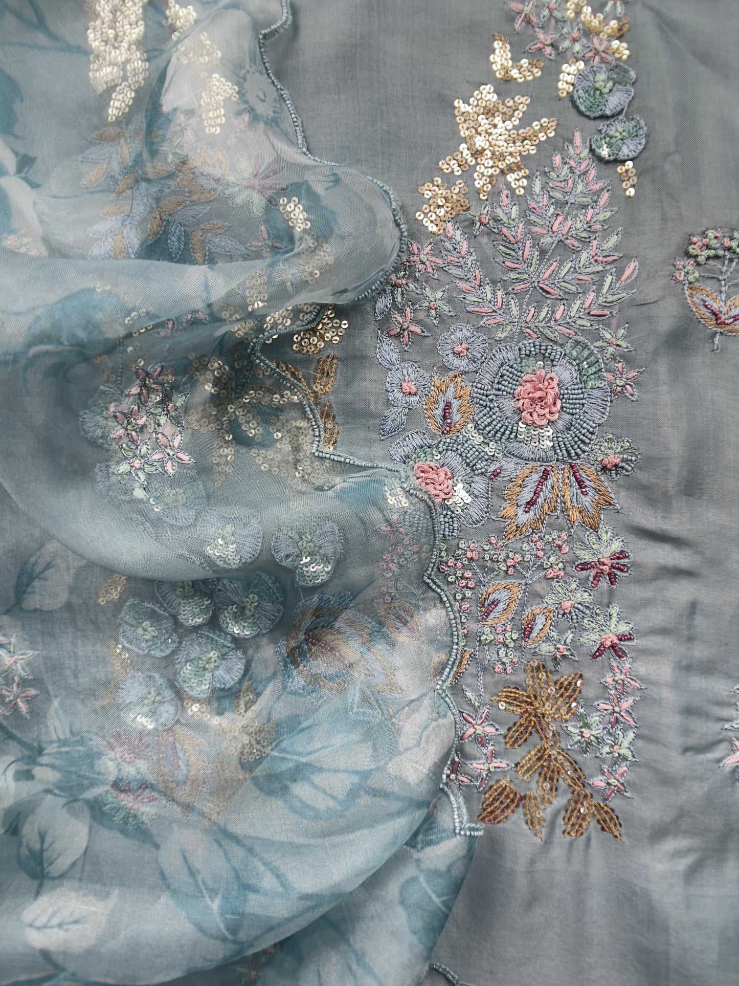Bluish Grey Pure Organa kurta And Floral Dupatta With Sequins, Cutdana And Appliqué Work