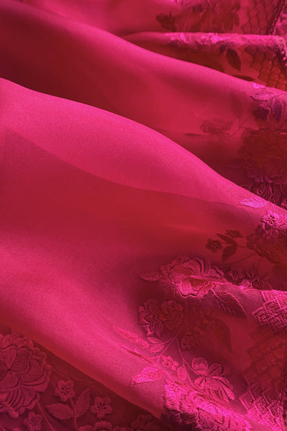 Rani Pink Pure Kora Silk Unstitched Suit Fabric With Parsi Embroidery