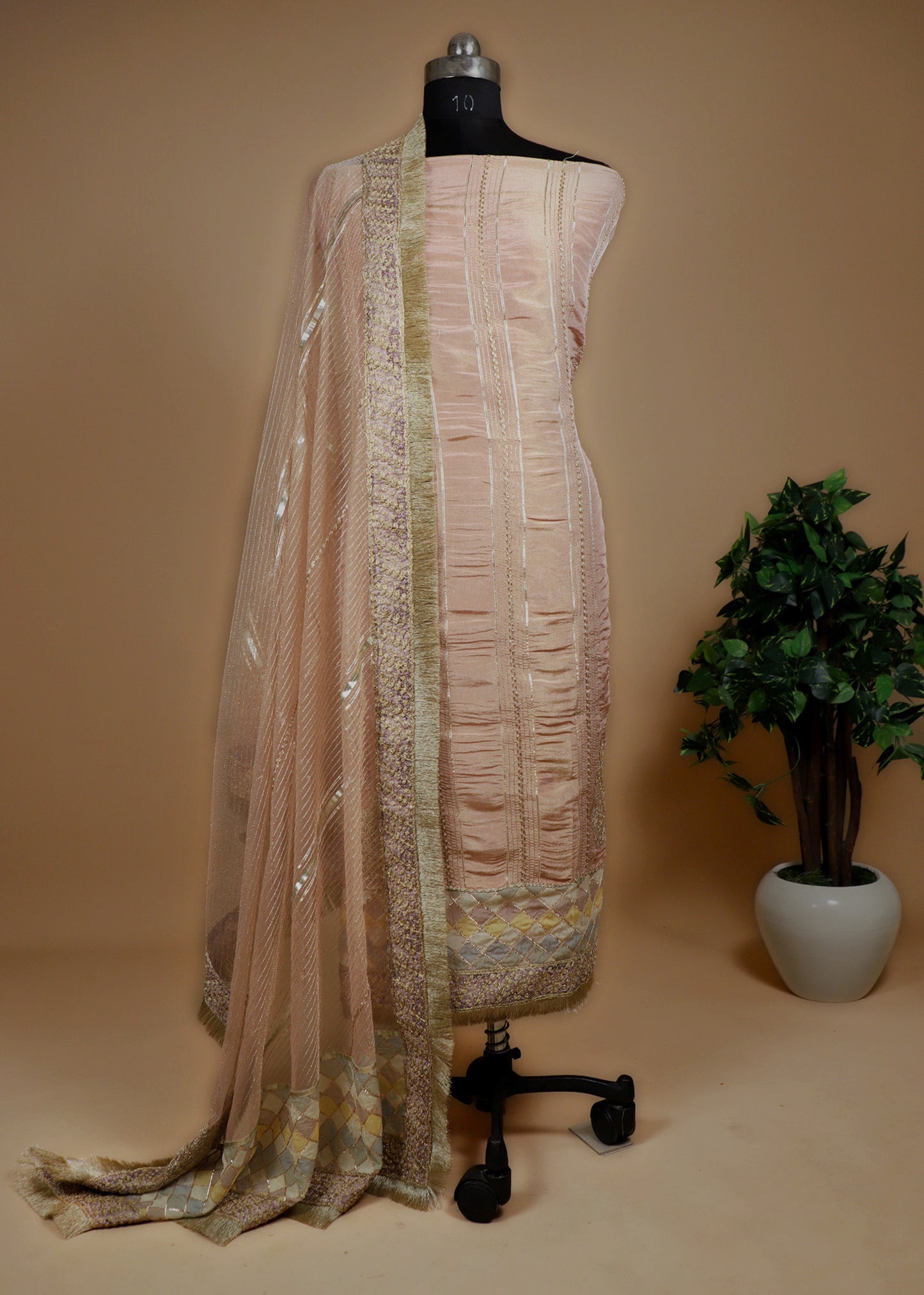 Pink Organza Tissue Suit With Net Dupatta