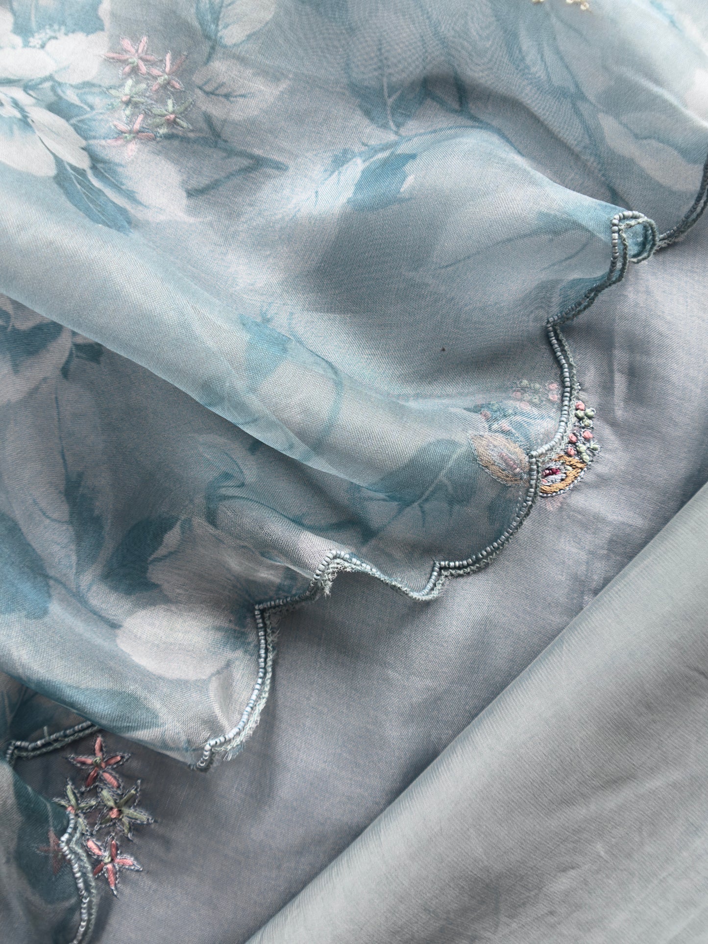 Bluish Grey Pure Organa kurta And Floral Dupatta With Sequins, Cutdana And Appliqué Work