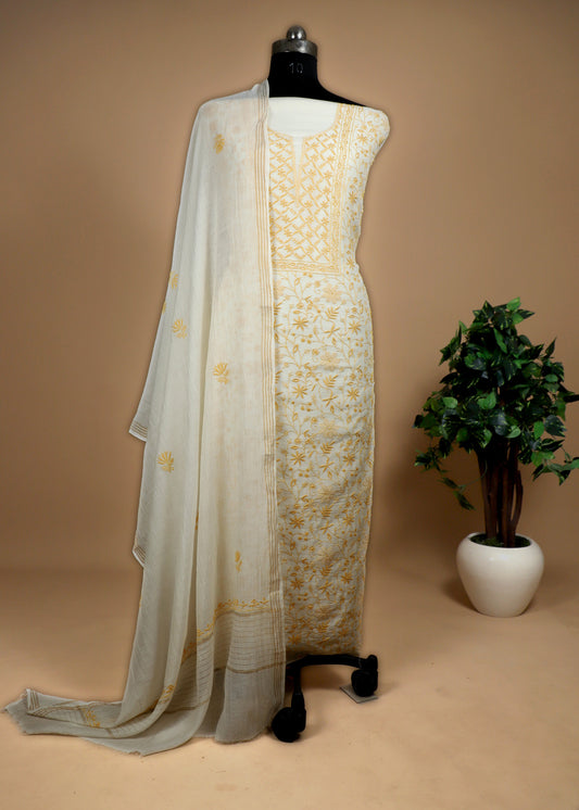 Lakhnavi Mul Chanderi Suit With Embroidered Chikankari Work