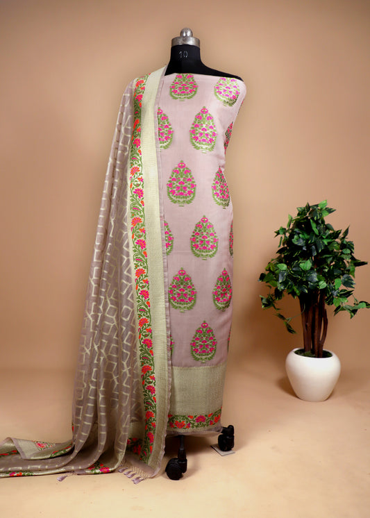 Mauve Handloom Unstitched Suit Banarasi Meenakari Suit In Pure Organza Silk