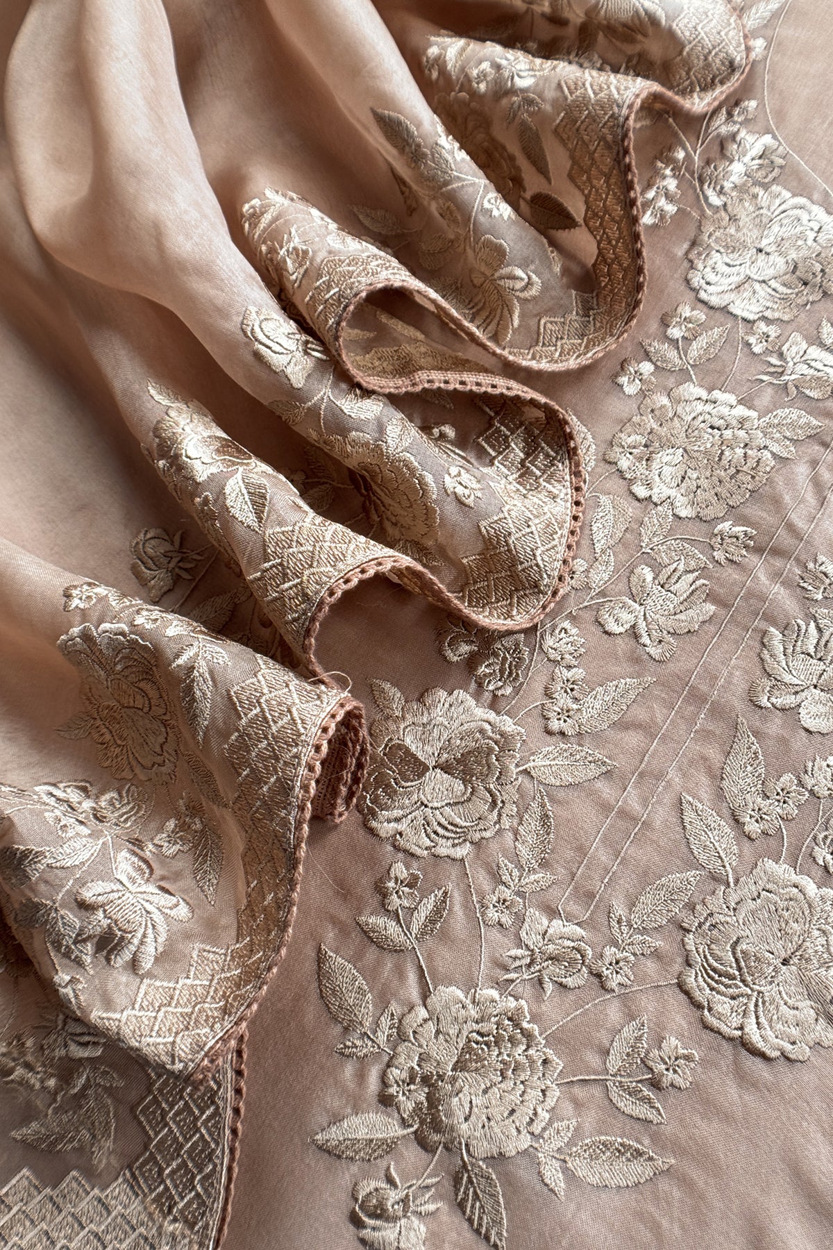 Luxury kora silk suit with parsi embroidery

