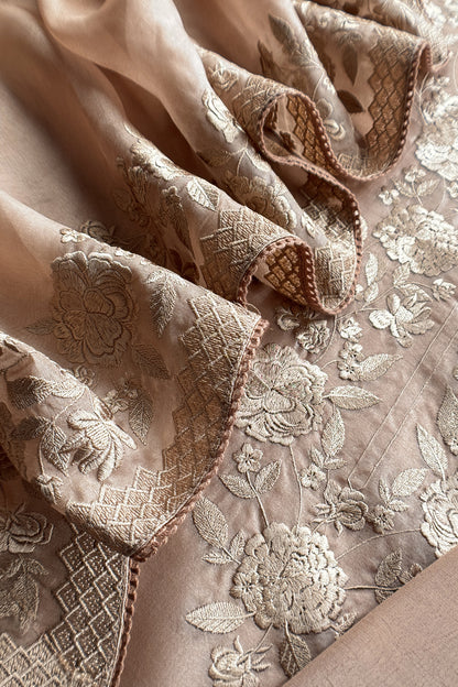 Beige Pure Kora Silk Unstitched Suit Fabric With Parsi Embroidery