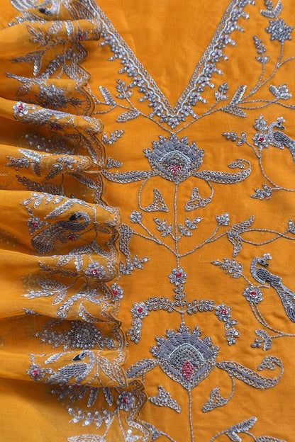 Orange Handloom Kora Silk Suit With Hand Embroidery