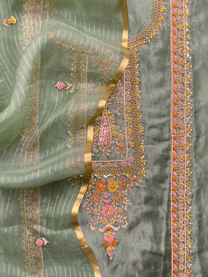 Festive Light Green Pure Tissue Silk Suit With Resham Embroidery
