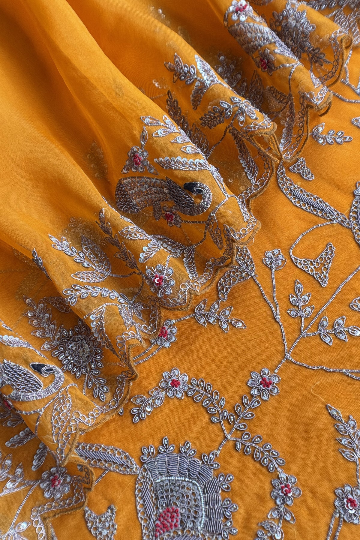 Orange Handloom Kora Silk Suit With Hand Embroidery