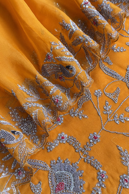 Orange Handloom Kora Silk Suit With Hand Embroidery