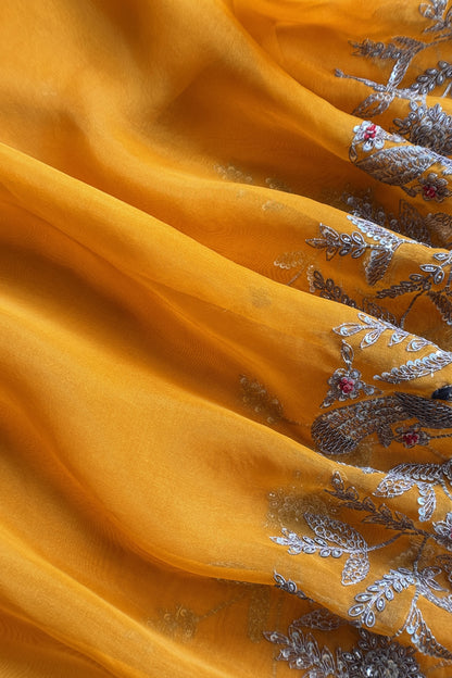 Orange Handloom Kora Silk Suit With Hand Embroidery