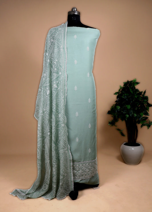 Pastel Blue Linen Suit With Chikankari Embroidered Dupatta