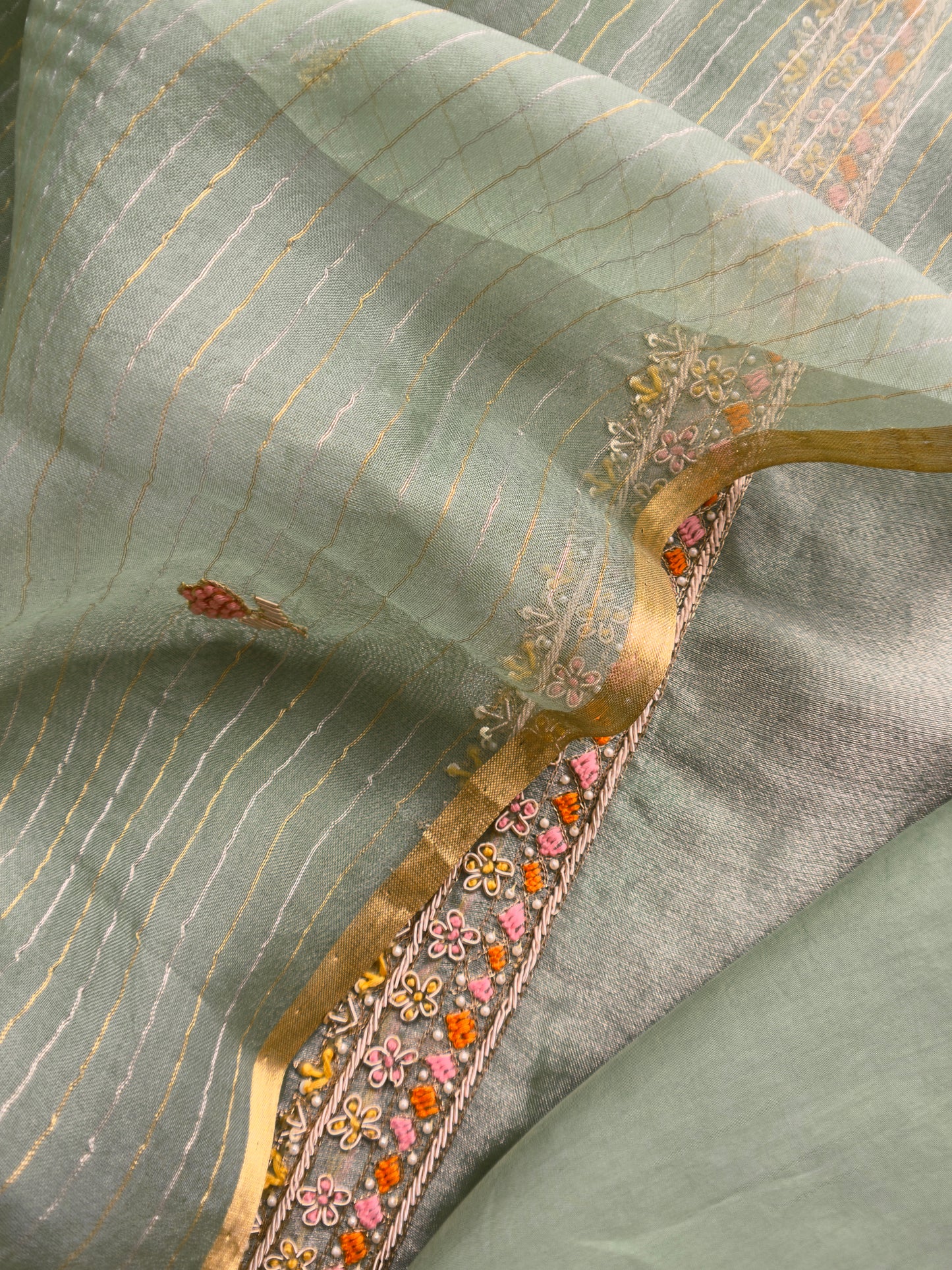 Festive Light Green Pure Tissue Silk Suit With Resham Embroidery