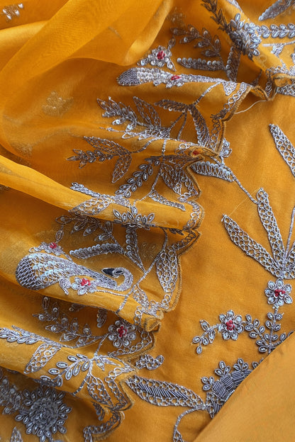 Orange Handloom Kora Silk Suit With Hand Embroidery
